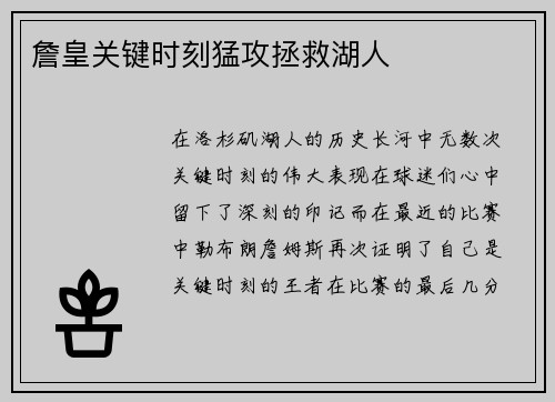 詹皇关键时刻猛攻拯救湖人